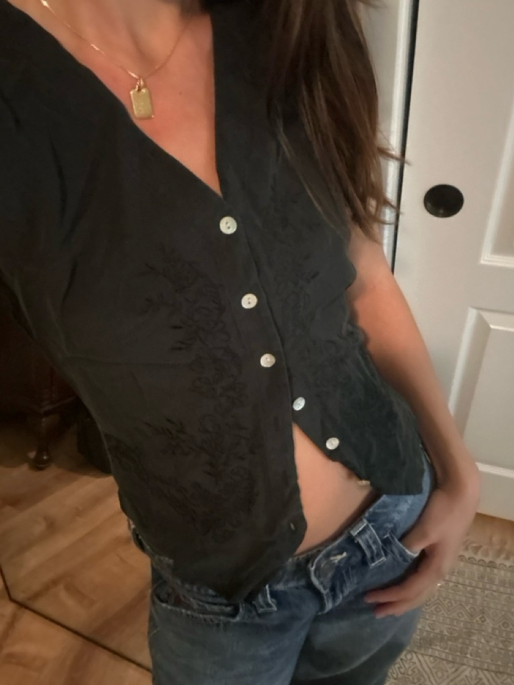 Anne Carson Black Button-Front V-Neck Top with Floral Embroidery